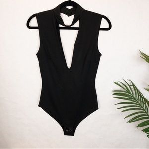 Akira V Neck High Neck Sleeveless Black Bodysuit